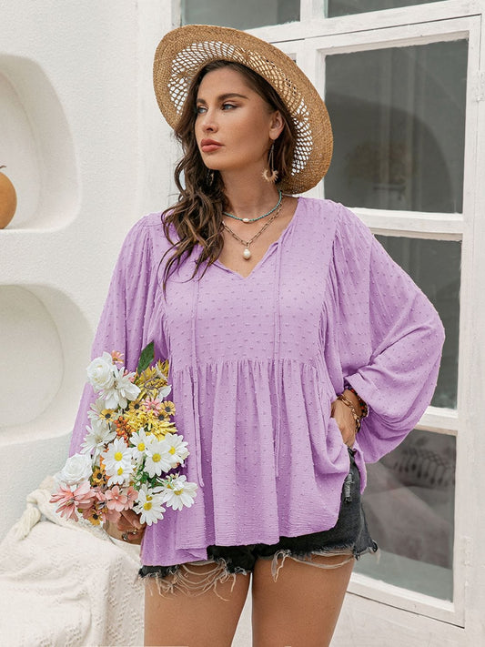 Plus Size Swiss Dot Tie Neck Long Sleeve Blouse - Trendsi