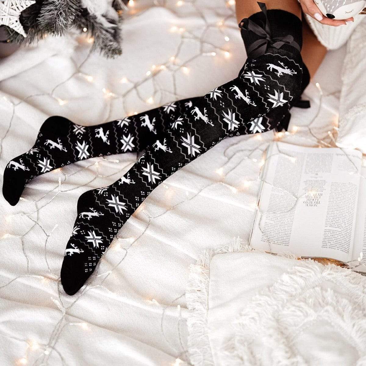 Christmas Element Bowknot Ribbed Trim Over Knee Stockings - Trendsi - Flyclothing LLC