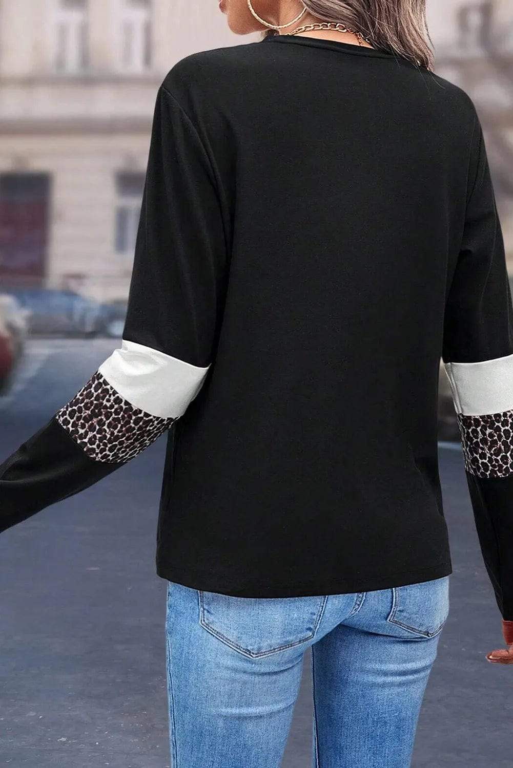 Leopard Round Neck Long Sleeve Blouse - Trendsi - Flyclothing LLC