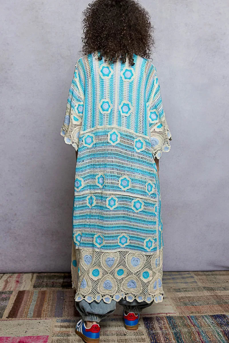 POL Striped and Floral Pattern Crochet Longline Cardigan - Trendsi - Flyclothing LLC