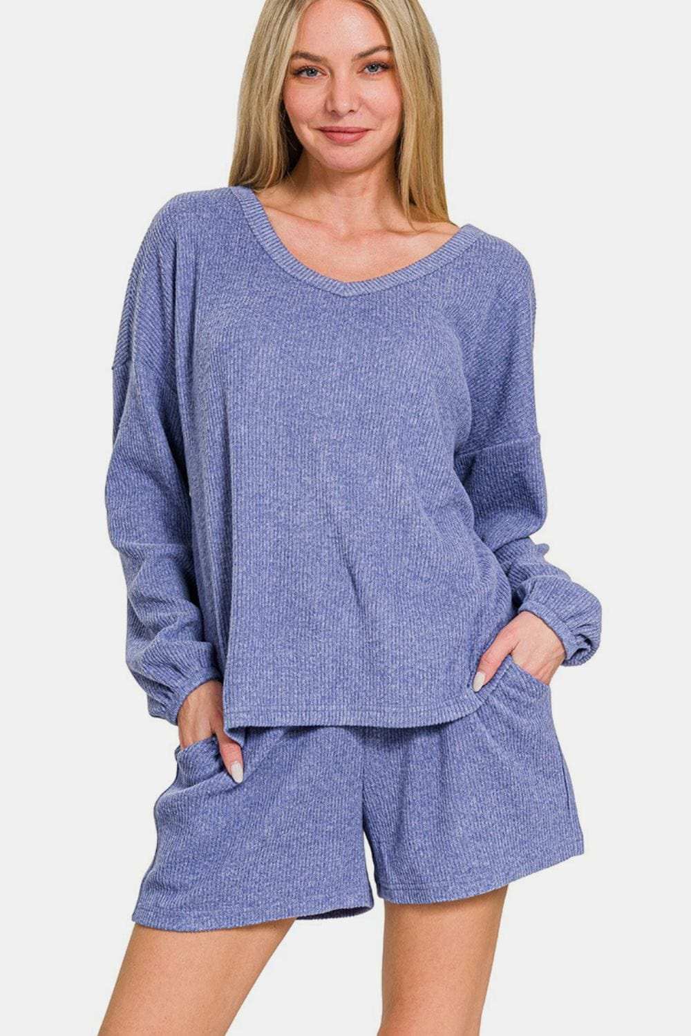 Zenana V-Neck Long Sleeve Ribbed Top and Shorts Set - Trendsi - Flyclothing LLC