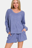 Zenana V-Neck Long Sleeve Ribbed Top and Shorts Set - Trendsi - Flyclothing LLC