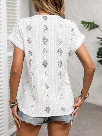 Openwork V-Neck Short Sleeve T-Shirt - Trendsi - Flyclothing LLC