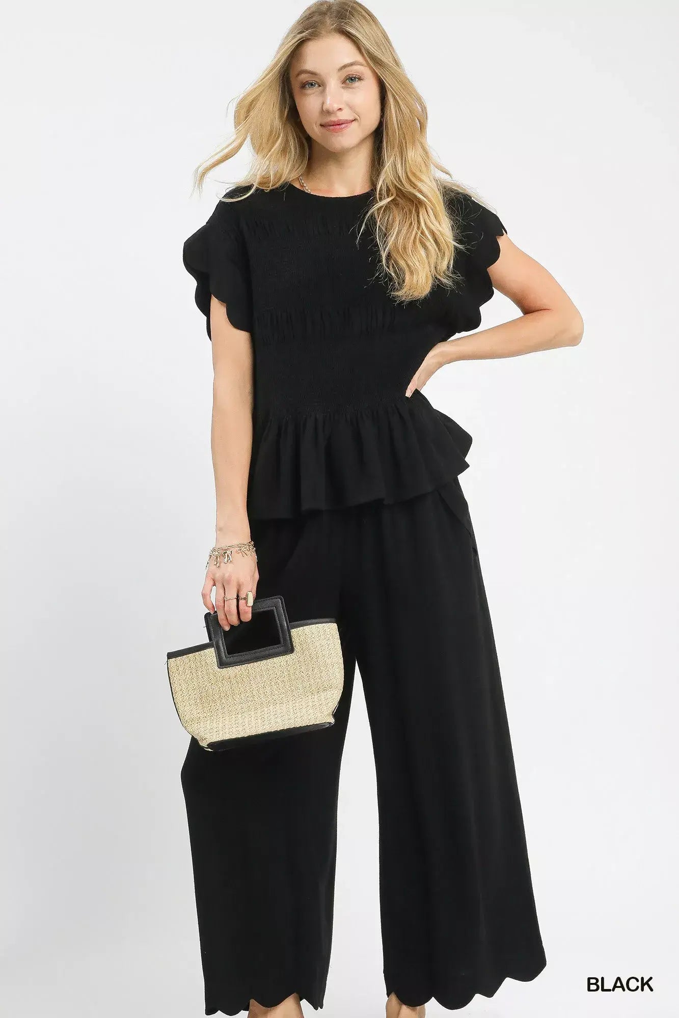 Umgee Linen Blend Smocked Peplum Blouse - Trendsi - Flyclothing LLC