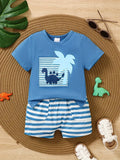 Children's Dinosaur Print Tee & Striped Shorts Set - Trendsi - Flyclothing LLC