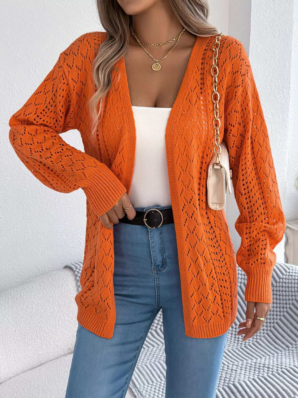 Openwork Open-Front Long Sleeve Cardigan - Trendsi - Flyclothing LLC