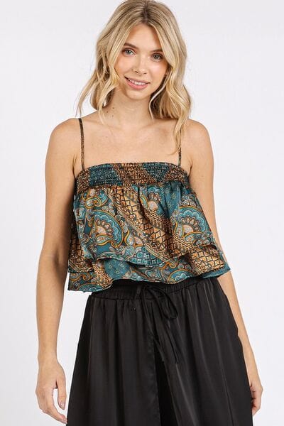 Mittoshop Paisley Patchwork Print Satin Ruffle Crop Cami - Trendsi