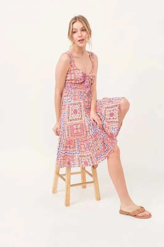 And The Why Tied Front Smocked Back Tiered Boho Printed Dress - Trendsi - Flyclothing LLC