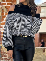 Mock Neck Cold Shoulder Sweater - Trendsi