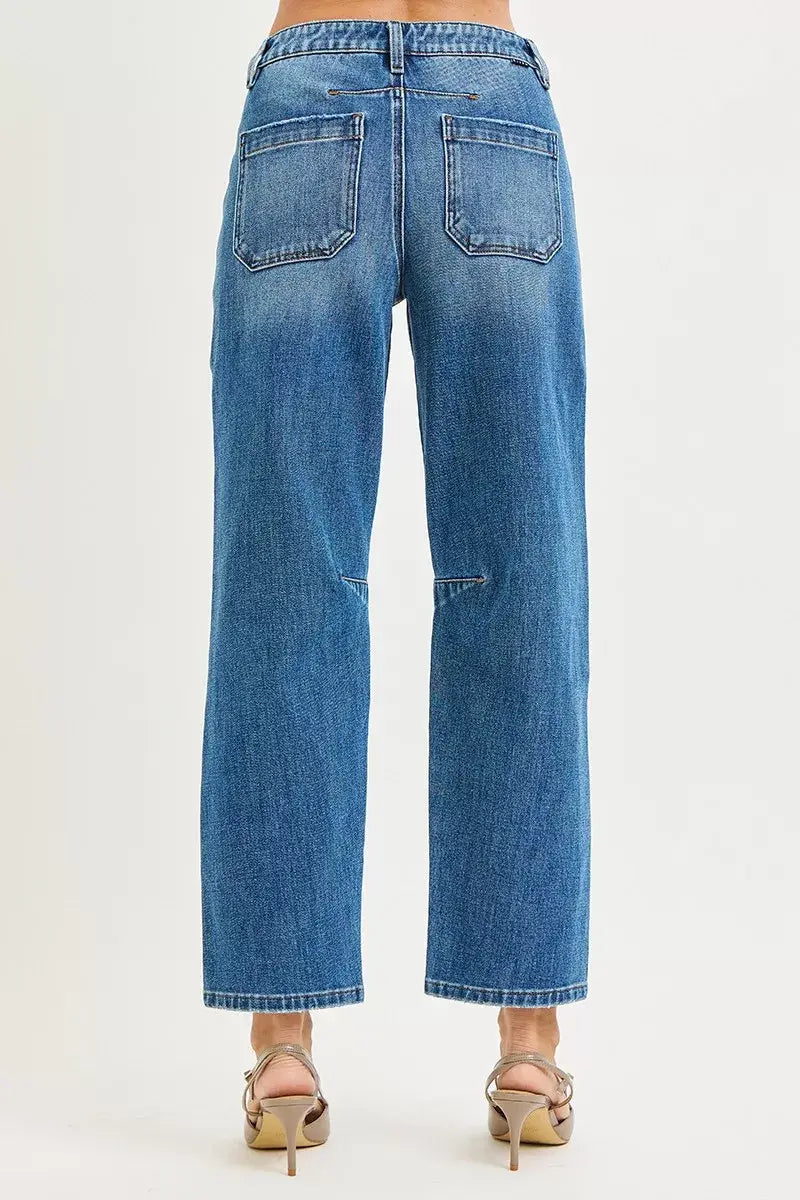 RISEN 4 Way Stretch Mid Rise Barrel Jeans with Patch Pocket Detail - Trendsi - Flyclothing LLC
