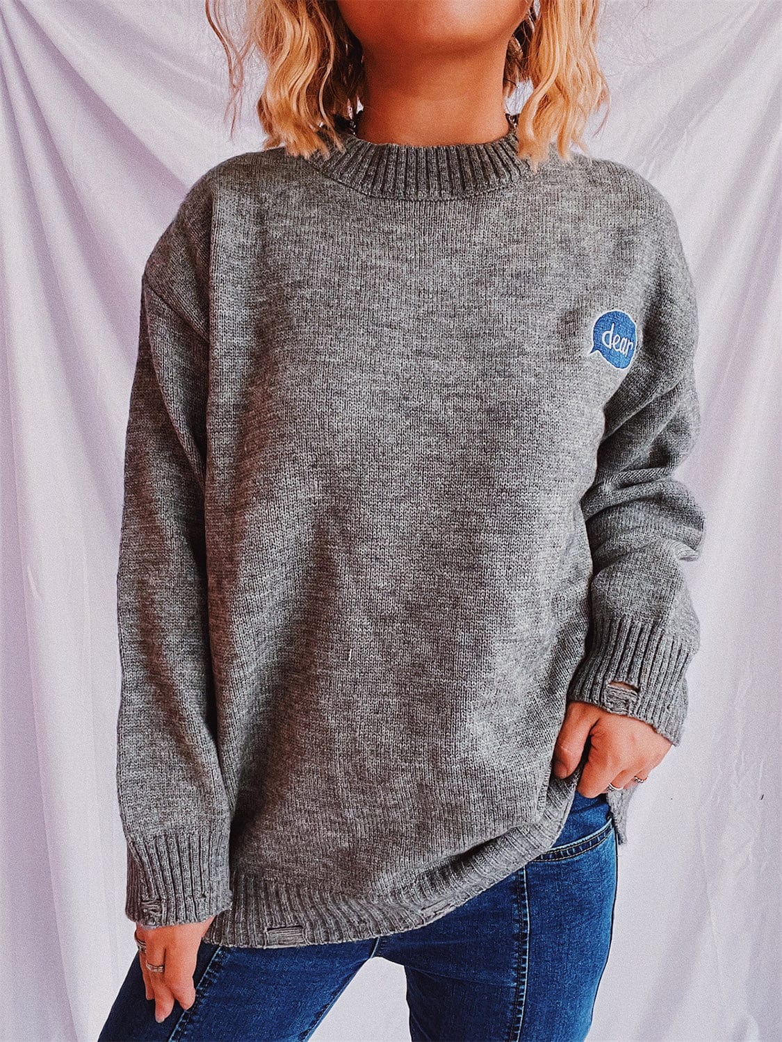 Embroidered Round Neck Dropped Shoulder Sweater - Trendsi