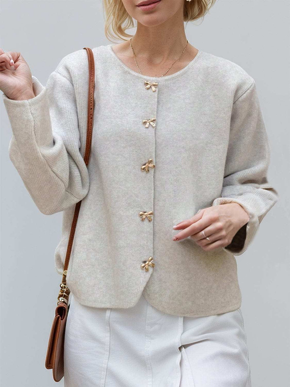Bow Button Down Round Neck Long Sleeve Cardigan - Trendsi - Flyclothing LLC