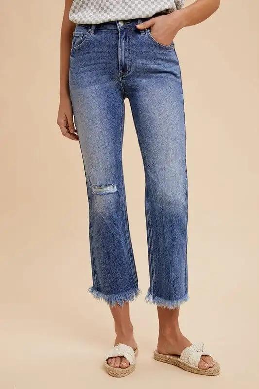 Annie Wear Distressed Raw Hem Straight Leg Cropped Jeans - Trendsi