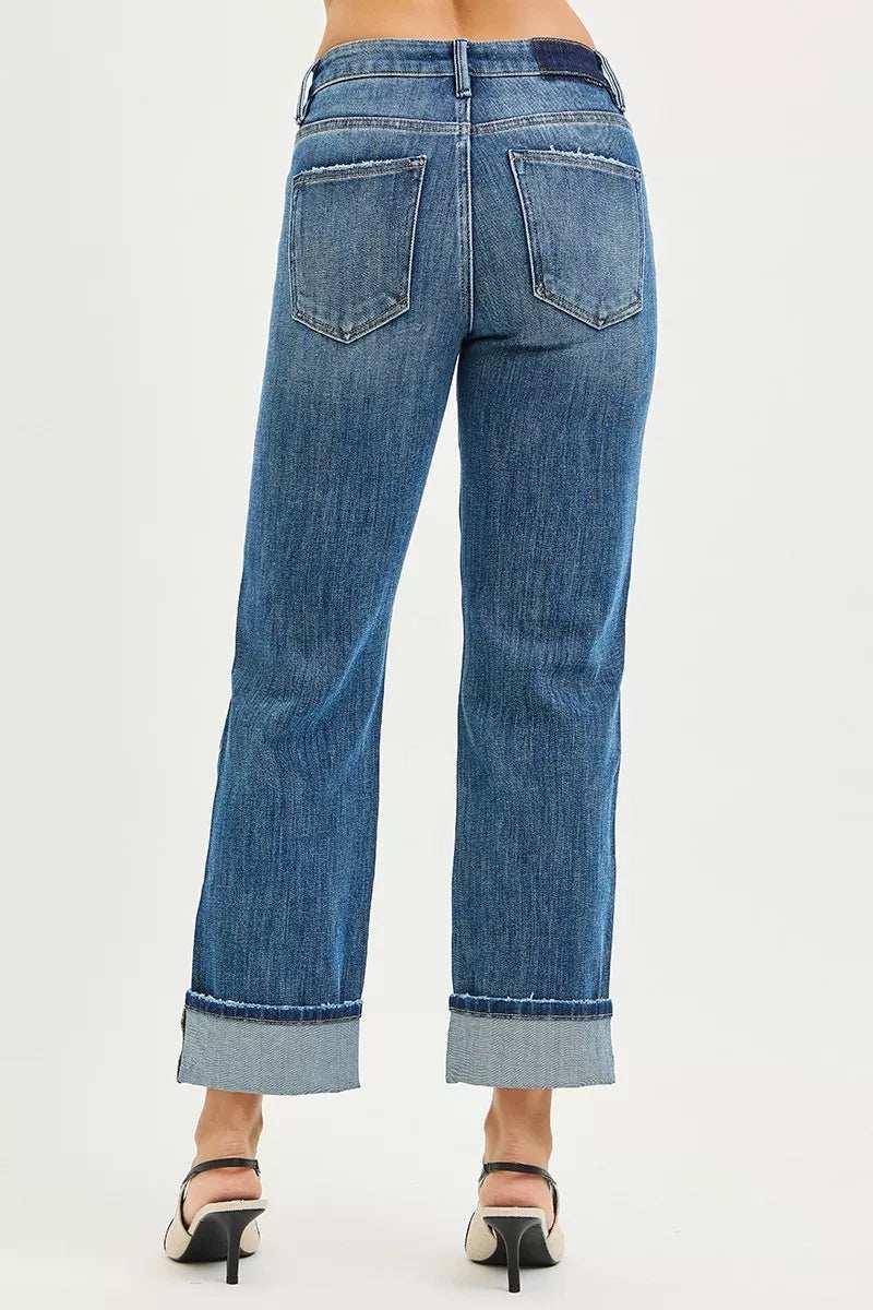 RISEN Full Size 4 Way Stretch Slouchy Straight Jeans with Cuffed Hem Plus Size - Trendsi - Flyclothing LLC