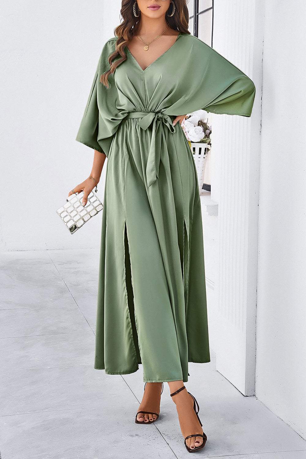 Slit Tied V-Neck Three-Quarter Sleeve Dress - Trendsi - Flyclothing LLC