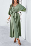 Slit Tied V-Neck Three-Quarter Sleeve Dress - Trendsi - Flyclothing LLC
