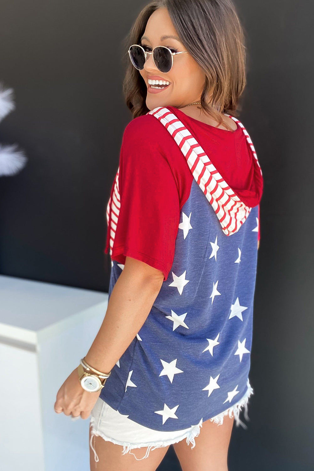 Stars and Stripes Print Drawstring Hoodie - Trendsi - Flyclothing LLC