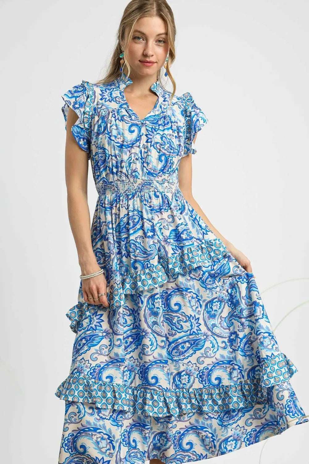 Umgee Paisley Print Ruffle Sleeve Midi Dress - Trendsi - Flyclothing LLC