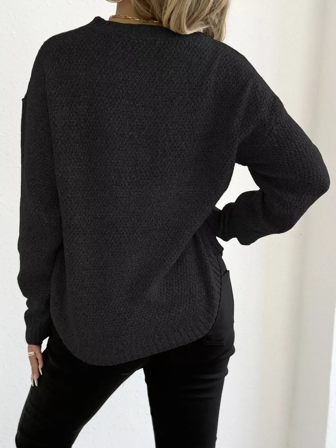 Textured Knit Relaxed Fit Round Neck Sweater - Trendsi - Flyclothing LLC