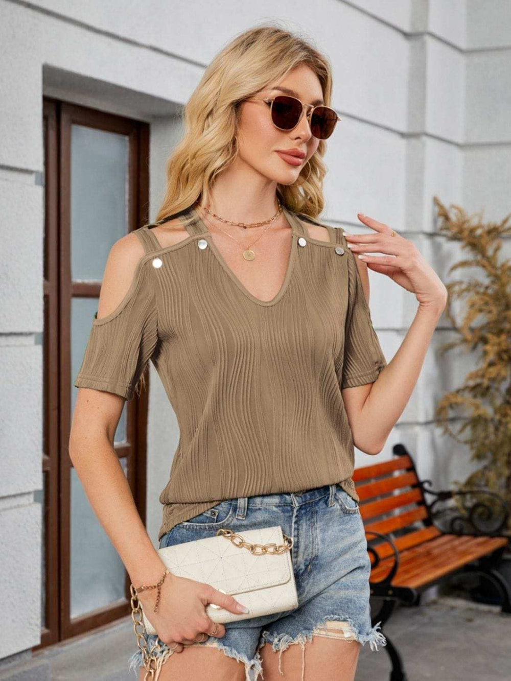 Textured V-Neck Cold Shoulder Top - Trendsi - Flyclothing LLC