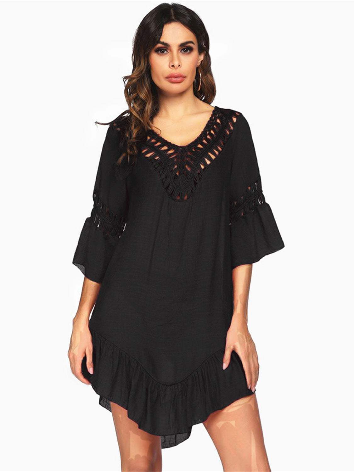 Backless Cutout Three-Quarter Sleeve Cover Up - Trendsi - Flyclothing LLC