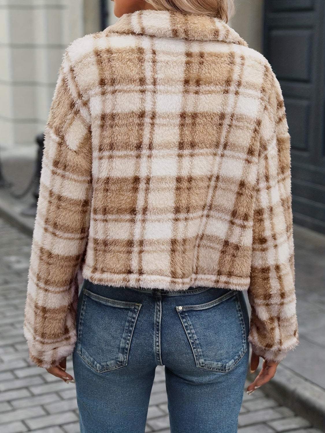 Plaid Button Up Collared Neck Long Sleeve Jacket - Trendsi - Flyclothing LLC