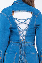American Bazi Laced Back Cropped Denim Jacket - Trendsi