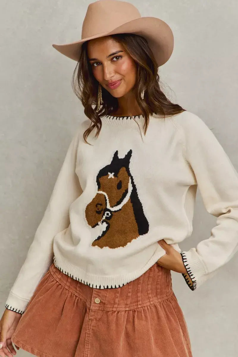 SO ME Horse Knit Sweater Top with Blanket Stitch - Trendsi - Flyclothing LLC