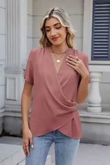 Solid Color Surplice Short Sleeve Blouse - Trendsi - Flyclothing LLC