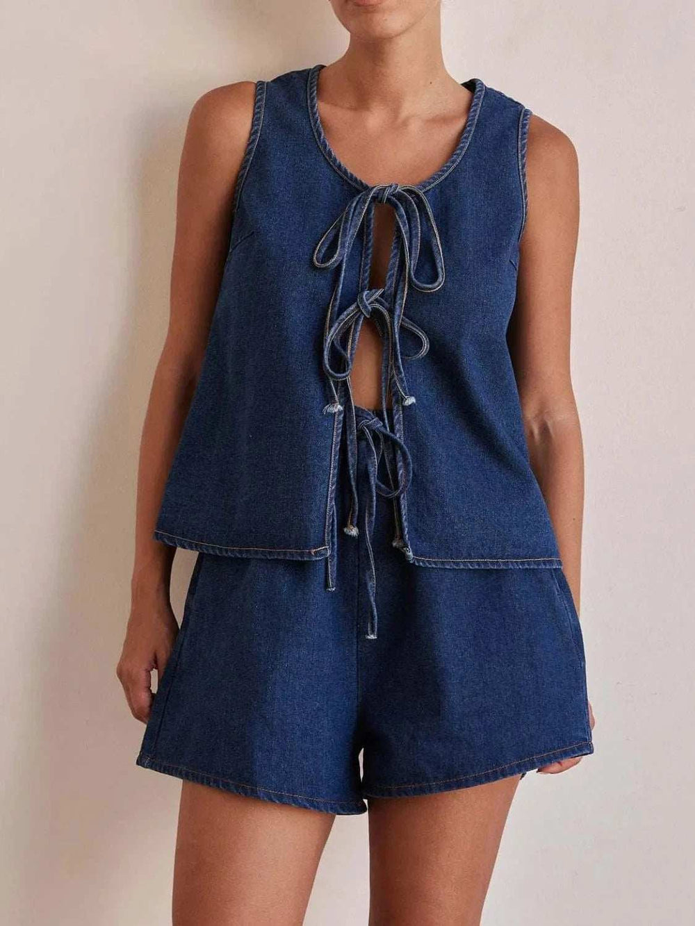 Tie Front Vest and Shorts Denim Set - Trendsi - Flyclothing LLC