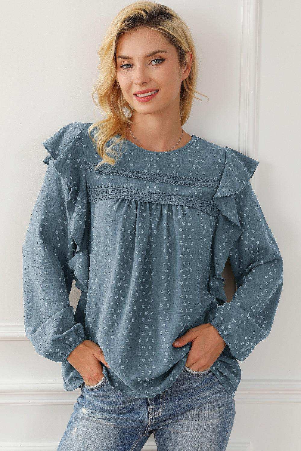 Round Neck Ruffled Blouse - Trendsi - Flyclothing LLC