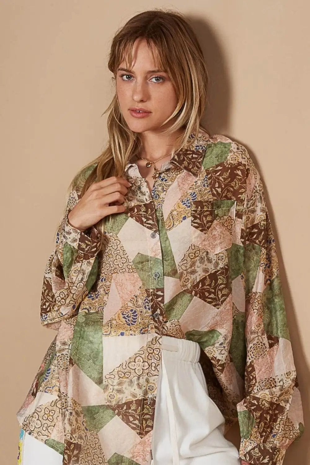 POL Button-Down Long Sleeve Printed Shirt - Trendsi
