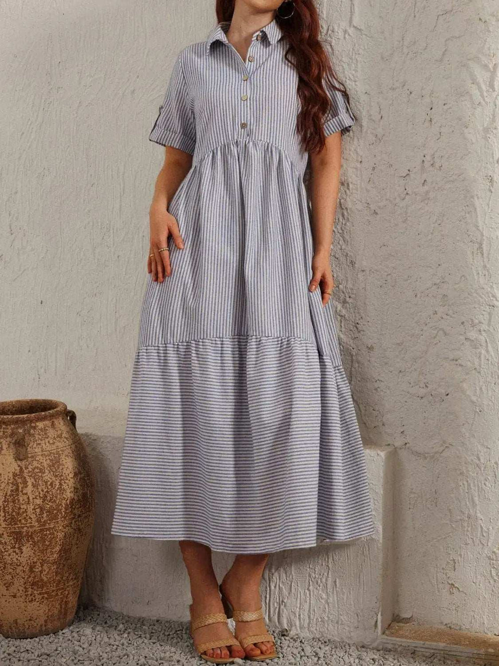 Striped Collared Neck Short Sleeve Dress - Trendsi - Flyclothing LLC