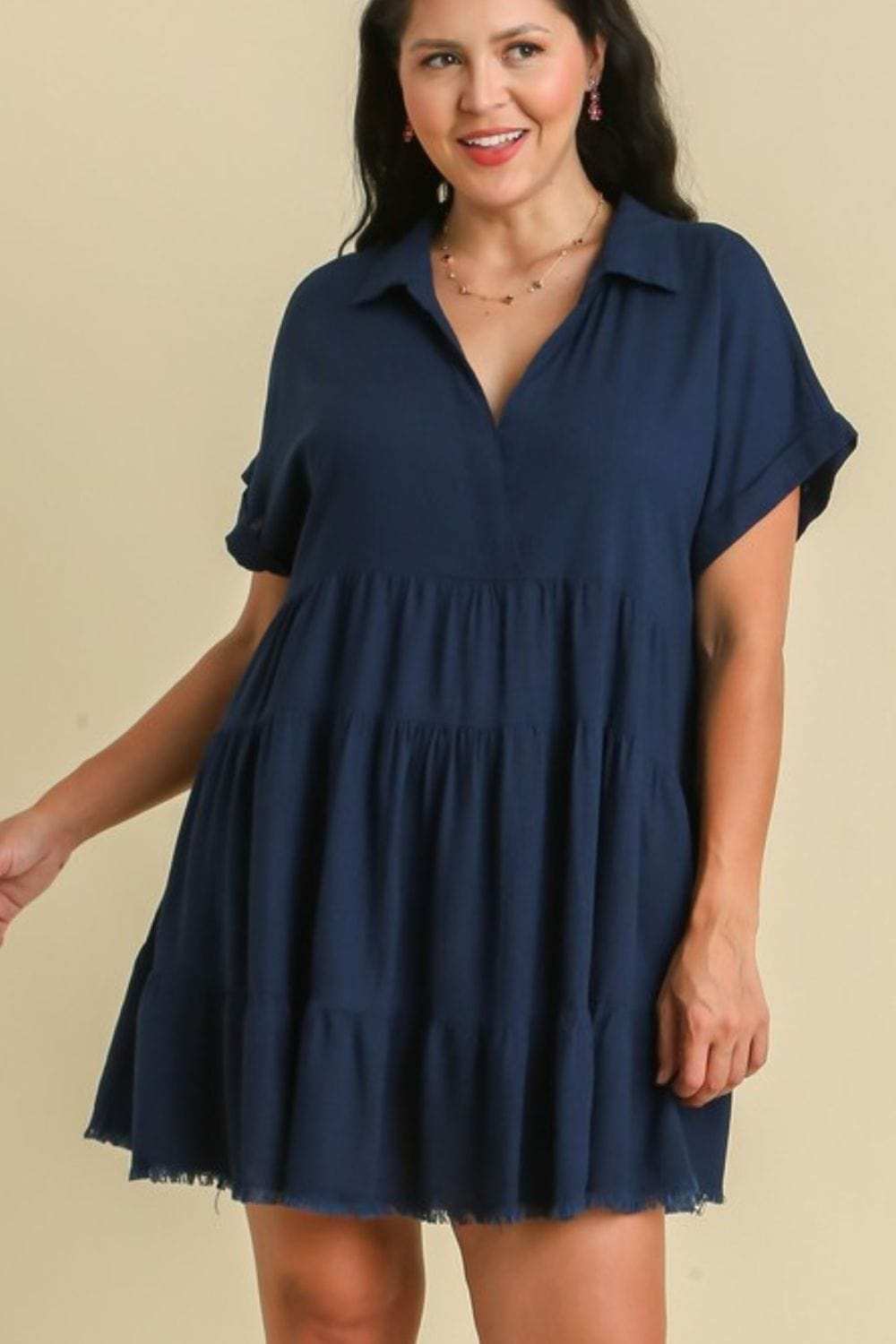 Umgee Full Size Raw Hem Folded Sleeve Tiered Dress Plus Size - Trendsi - Flyclothing LLC