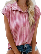 Plaid Button Up Cap Sleeve Shirt - Trendsi - Flyclothing LLC