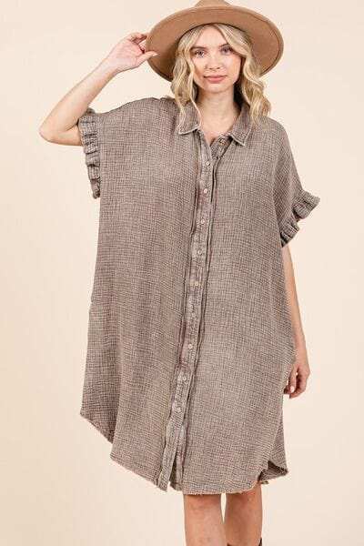Mittoshop Mineral Wash Cotton Gauze Mini Shirt Dress - Trendsi - Flyclothing LLC