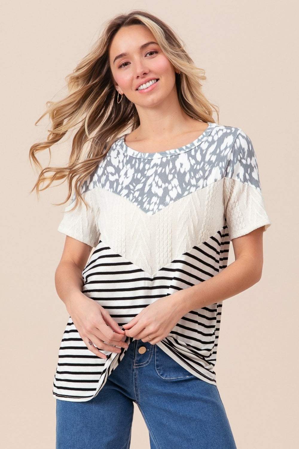 BiBi Printed Color Block Short Sleeve T-Shirt - Trendsi - Flyclothing LLC