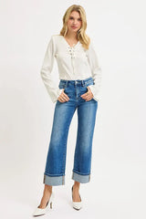 RISEN Full Size Mid Rise Crop Straight Cuffed Jeans Plus Size - Trendsi - Flyclothing LLC