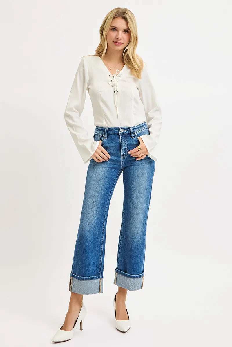 RISEN Full Size Mid Rise Crop Straight Cuffed Jeans Plus Size - Trendsi - Flyclothing LLC