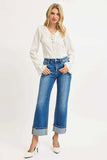 RISEN Full Size Mid Rise Crop Straight Cuffed Jeans Plus Size - Trendsi - Flyclothing LLC
