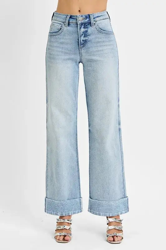 RISEN Full Size Tummy Control High Rise Ankle Wide Cuffed Jeans Plus Size - Trendsi - Flyclothing LLC