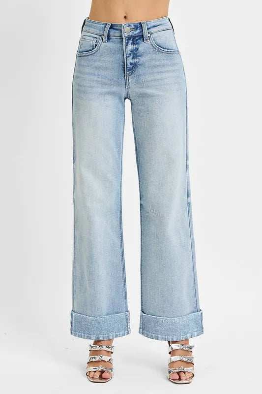 RISEN Full Size Tummy Control High Rise Ankle Wide Cuffed Jeans Plus Size - Trendsi - Flyclothing LLC