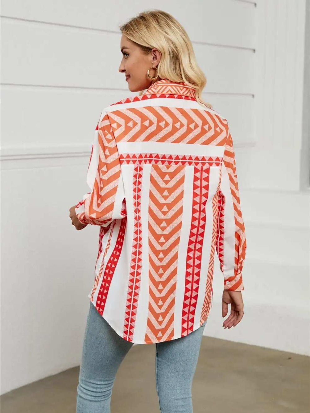 Geometric Collared Neck Long Sleeve Shirt - Trendsi - Flyclothing LLC
