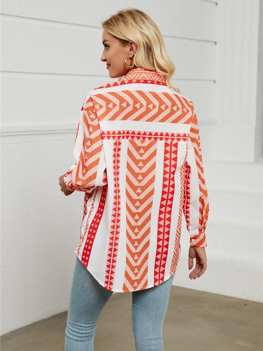 Geometric Collared Neck Long Sleeve Shirt - Trendsi