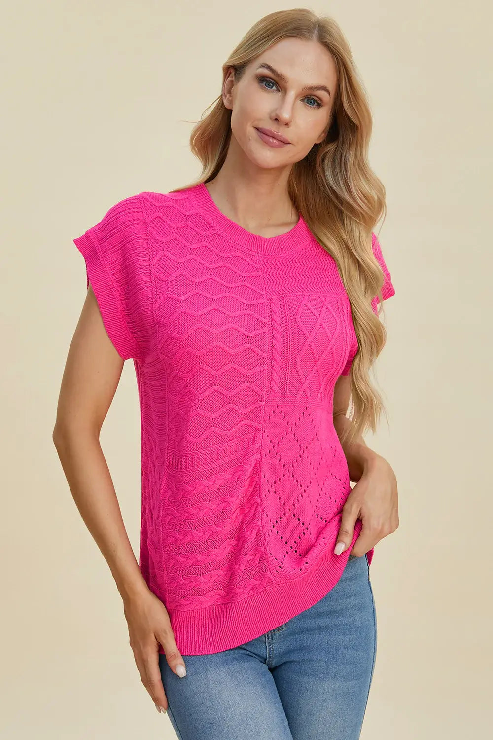 Double Take Full Size Cable-Knit Round Neck Cap Sleeve Sweater - Trendsi - Flyclothing LLC