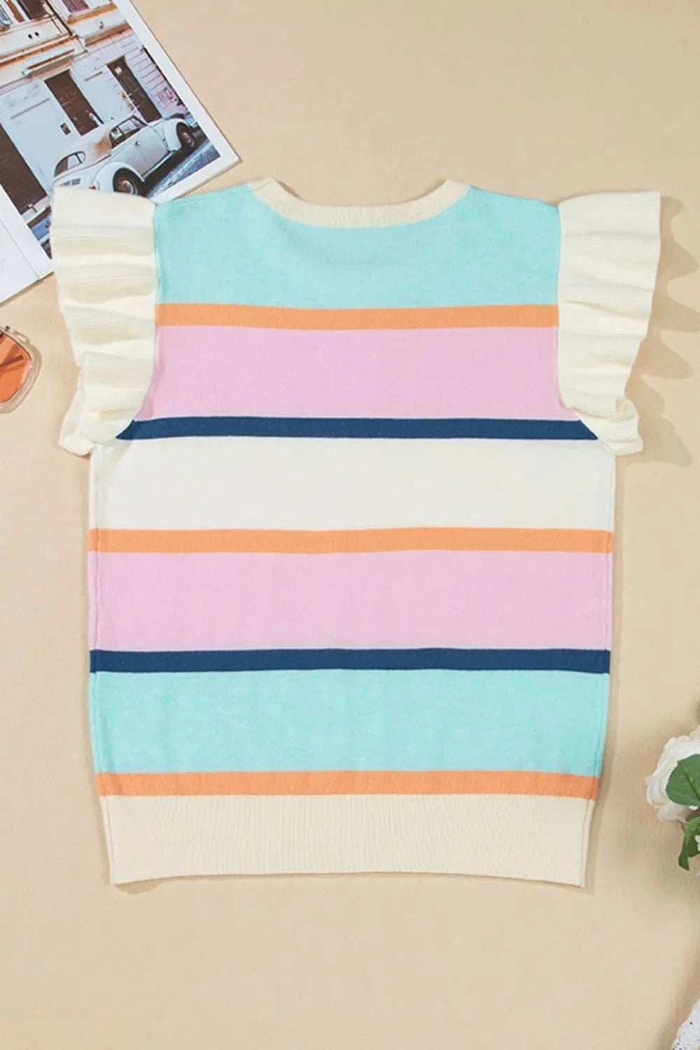 Color Block Round Neck Cap Sleeve Knit Top - Trendsi - Flyclothing LLC