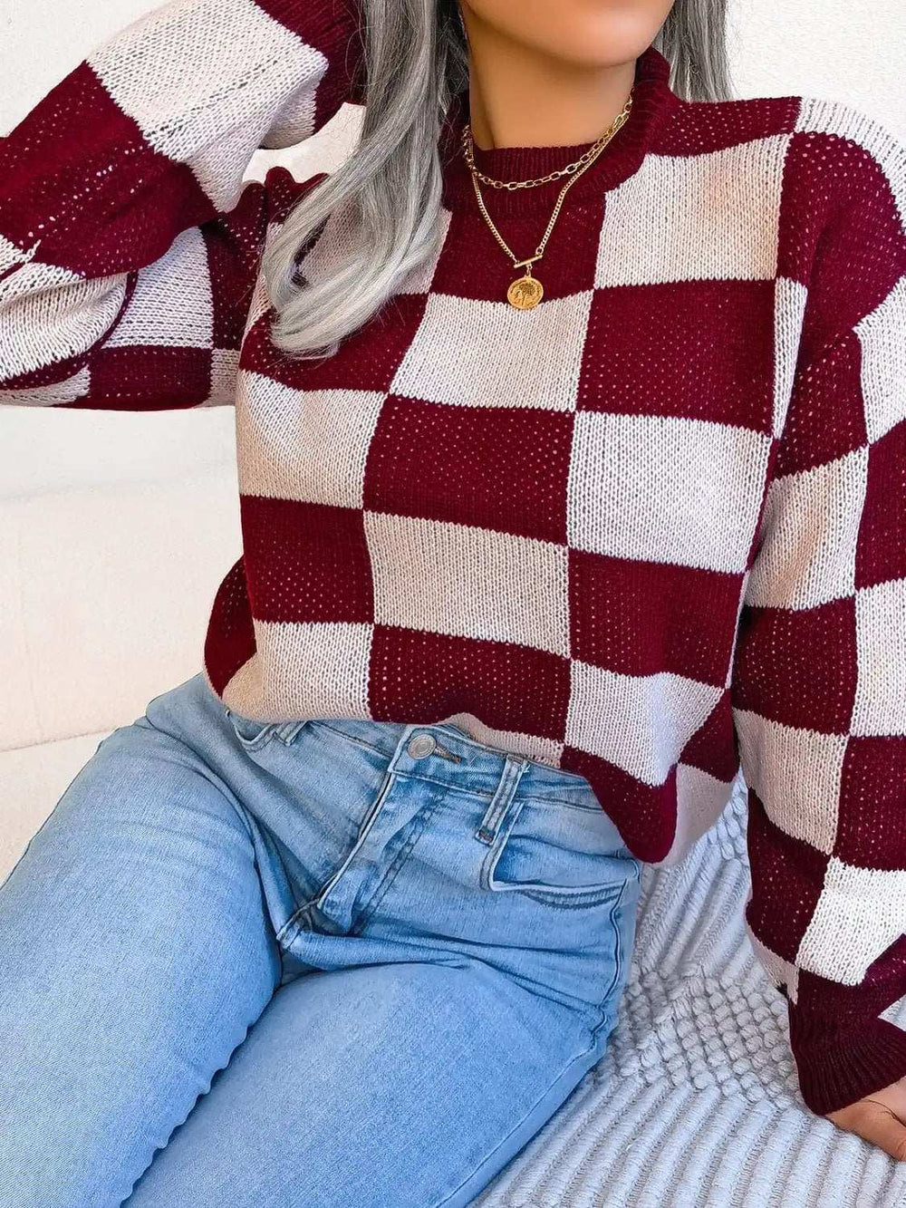 Checkered Mock Neck Long Sleeve Sweater - Trendsi - Flyclothing LLC