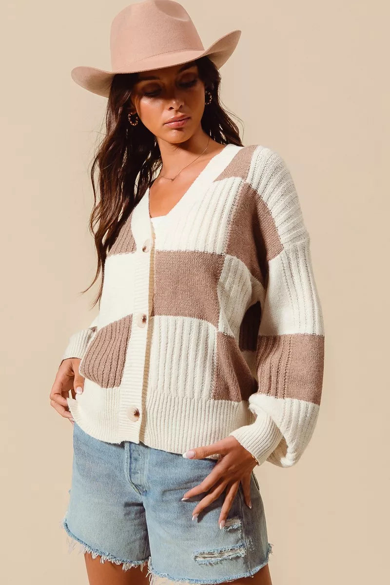 SO ME Checkered Button Front Ribbed Sweater Cardigan - Trendsi - Flyclothing LLC