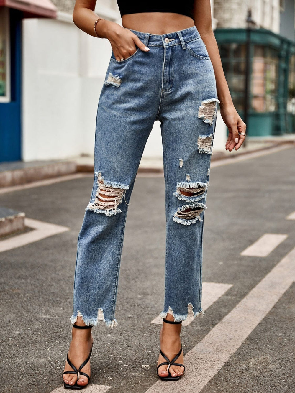 Distressed Raw Hem Jeans with Pockets - Trendsi