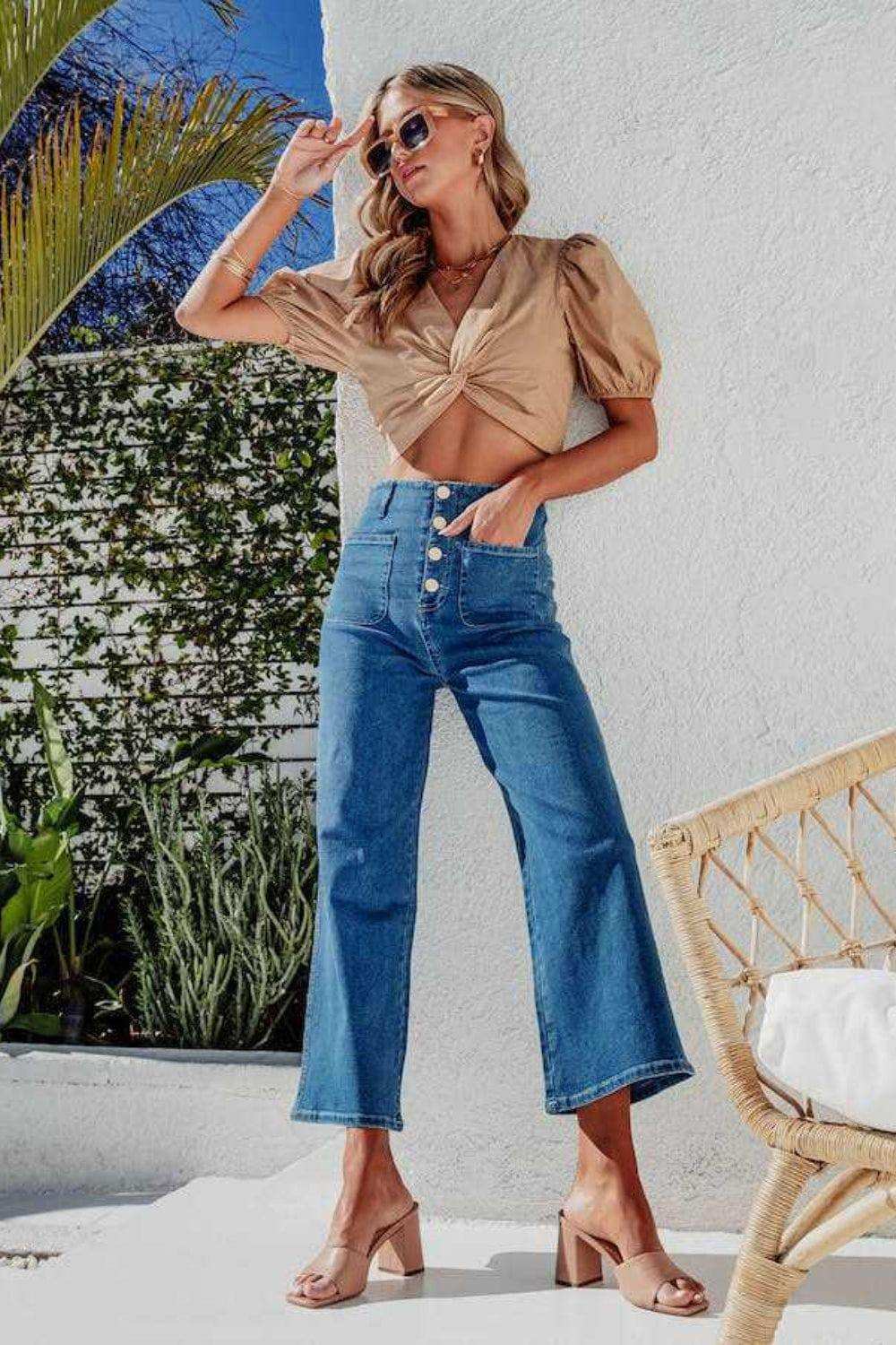 Button Fly Cropped Wide Leg Jeans - Trendsi - Flyclothing LLC